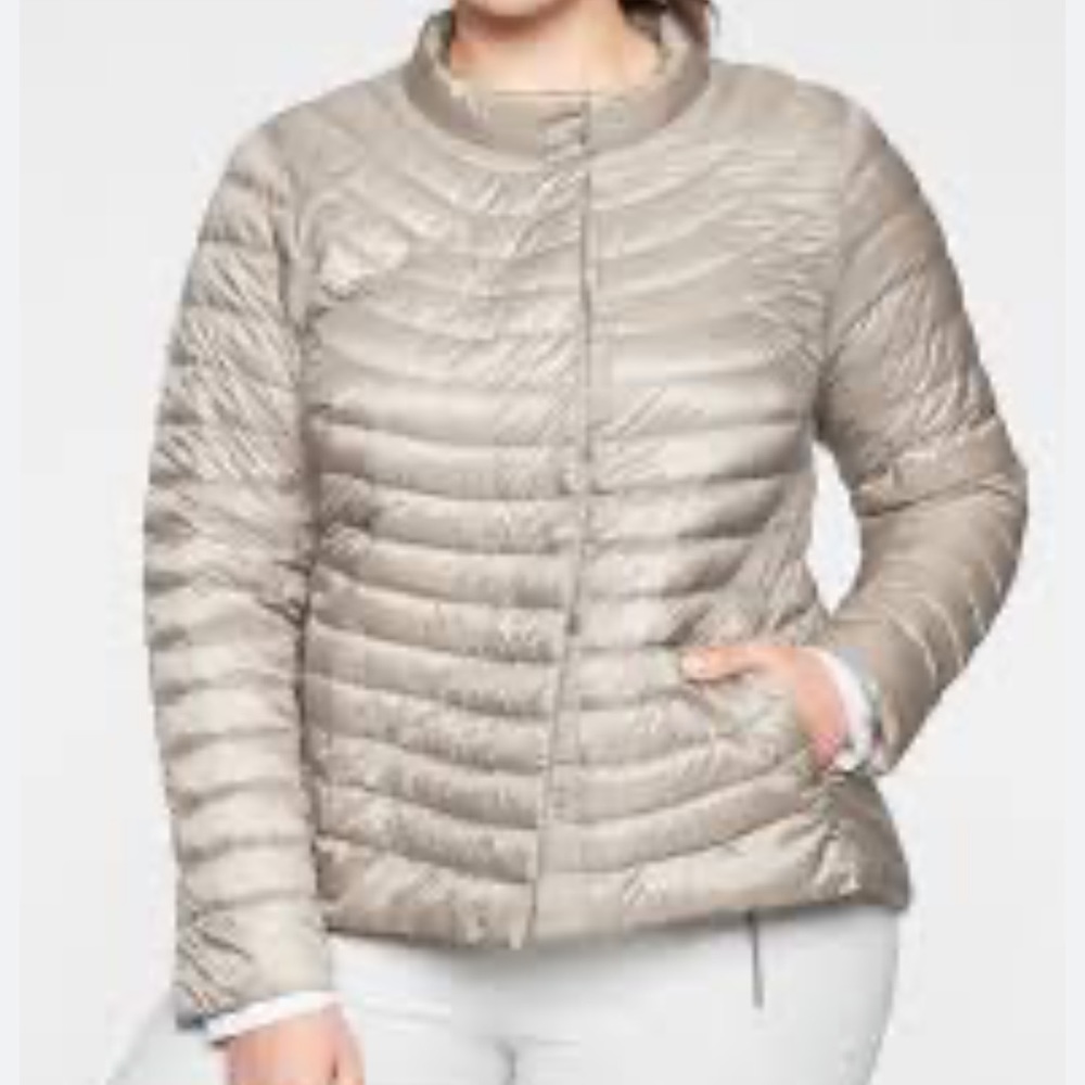 Athleta downkind puffer jacket snap front ladies size dove grey XL Tall